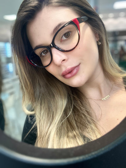 Óculos de Grau Gatinho  Feminino Acetato Mesclado Detalhe Vermelho RX SU BA1108 C5 54